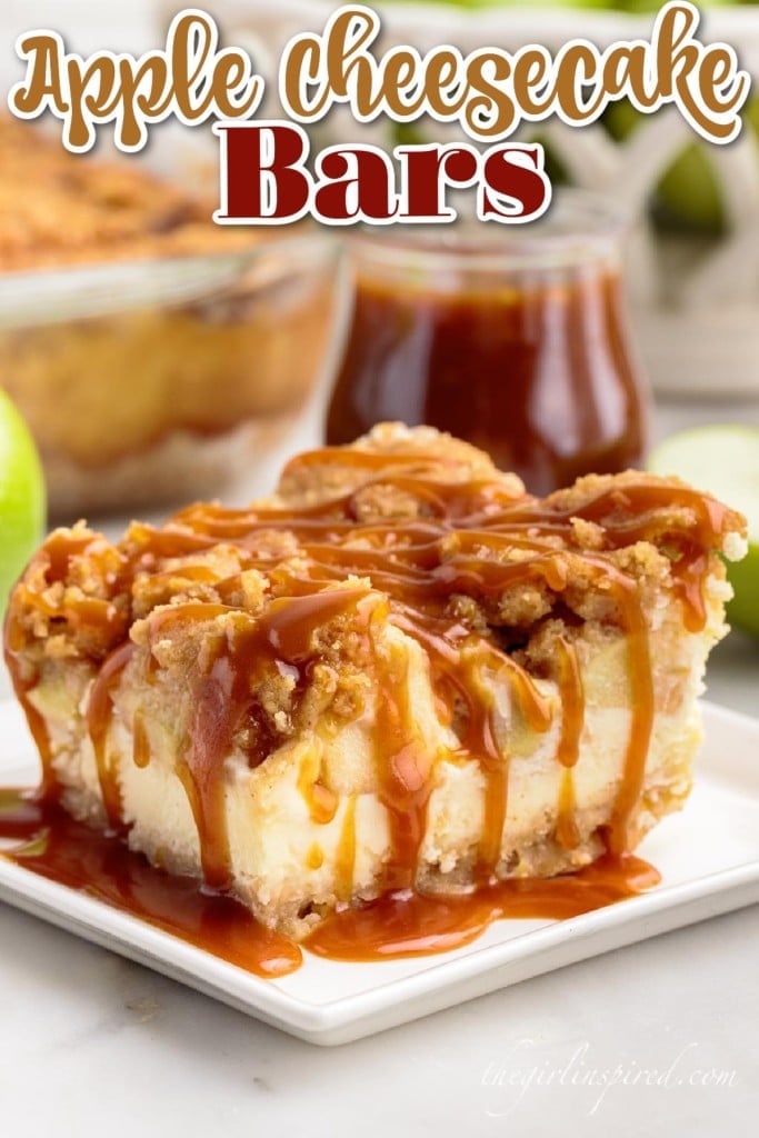 a square of apple cheesecake bar served with caramel sauce topping on a white serving plate