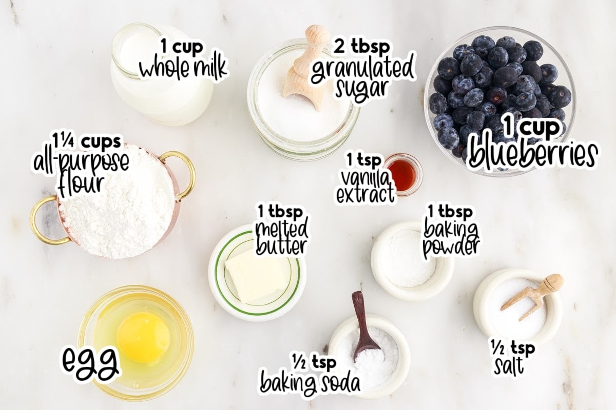 Ingredients labeled to make blueberry buttermilk pancakes.