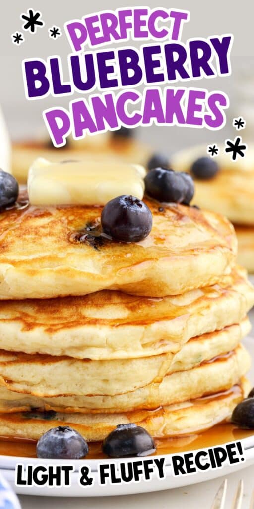 A large stack of homemade blueberry buttermilk pancakes with butter and fresh berries with text overlay.