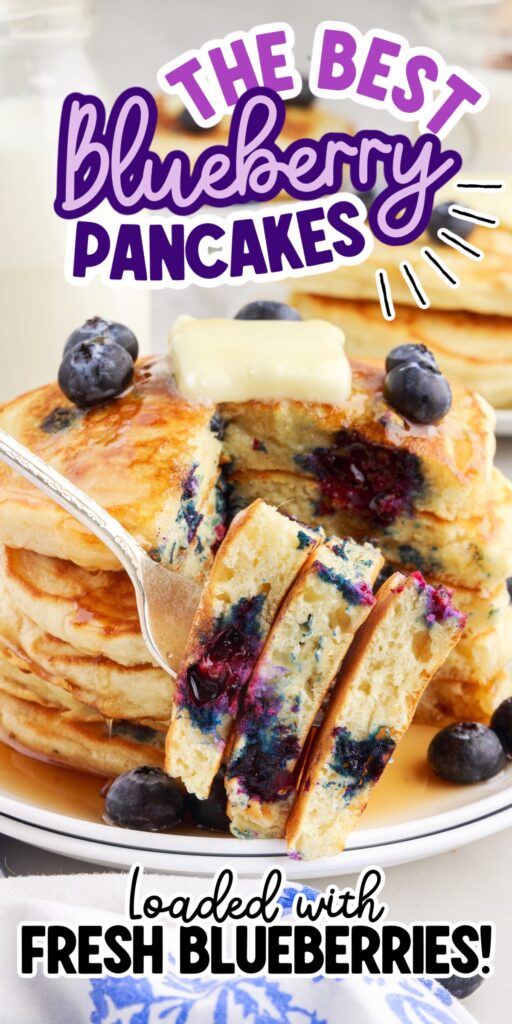 A bite of blueberry buttermilk pancakes on a fork with text overlay.