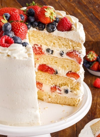 close up of the inside of chantilly cake a slice missing