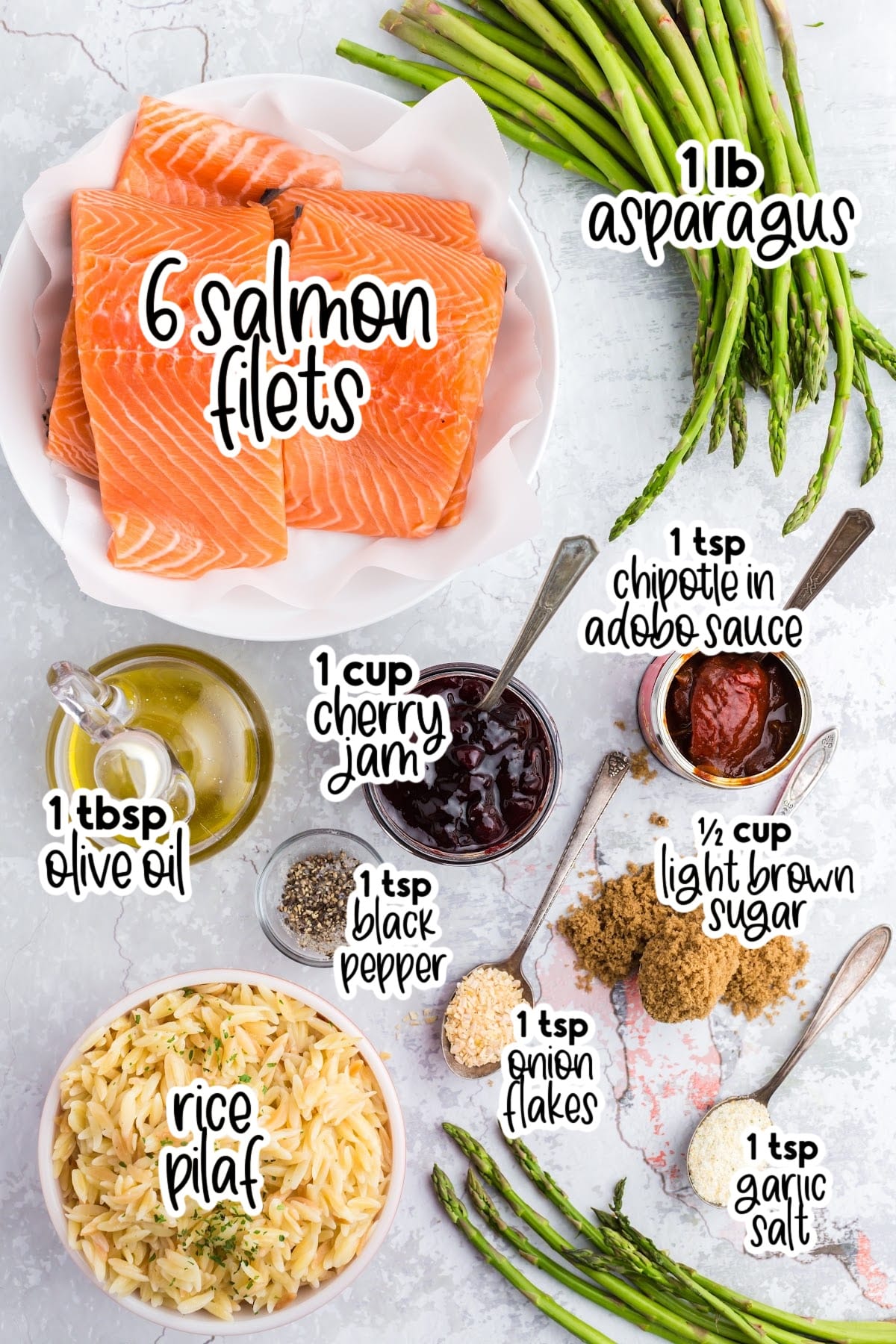 Individual ingredients for cherry chipotle glazed salmon with text labels.