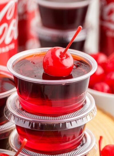 Close up of Cherry Coke Jello Shots.