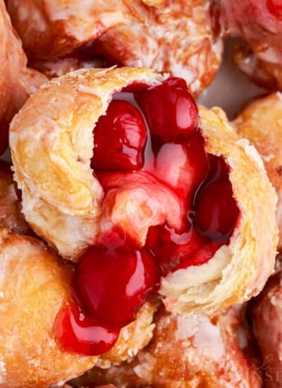 Zoomed top view of Cherry Pie Bombs one cut opened.