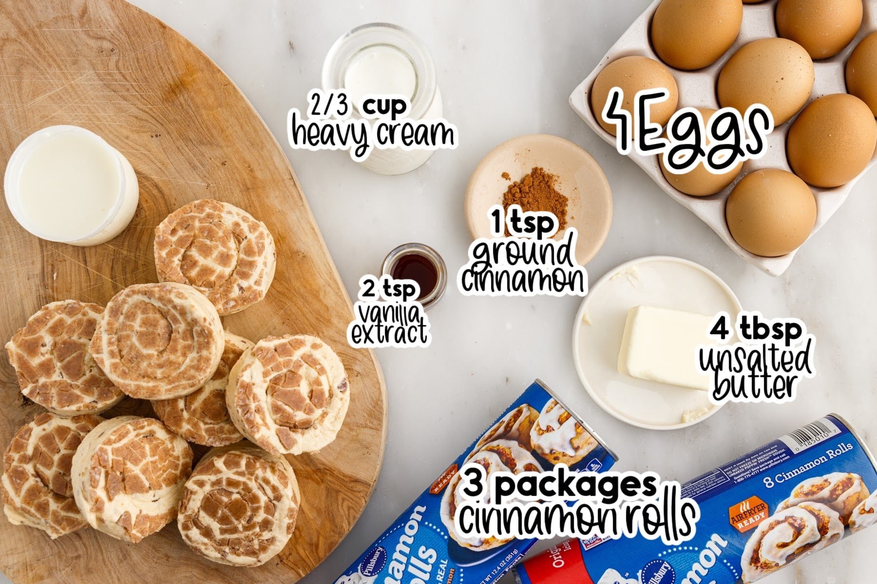 Ingredients needed to make Breakfast Cinnamon Roll Casserole with text overlay.