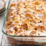 Front close up of a 9x13 of Breakfast Cinnamon Roll Casserole.