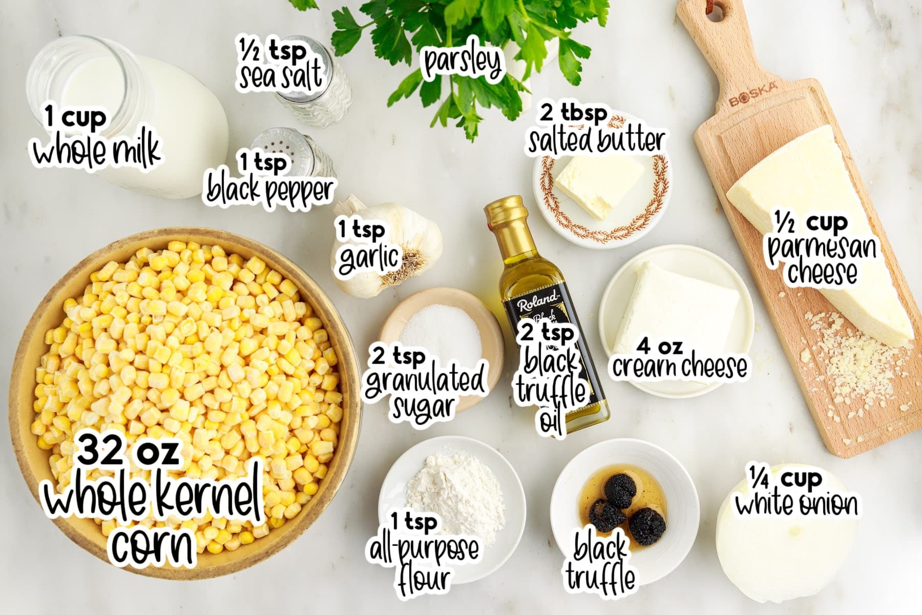 Ingredients needed to make Old Fashioned Creamed Corn with text overlay.