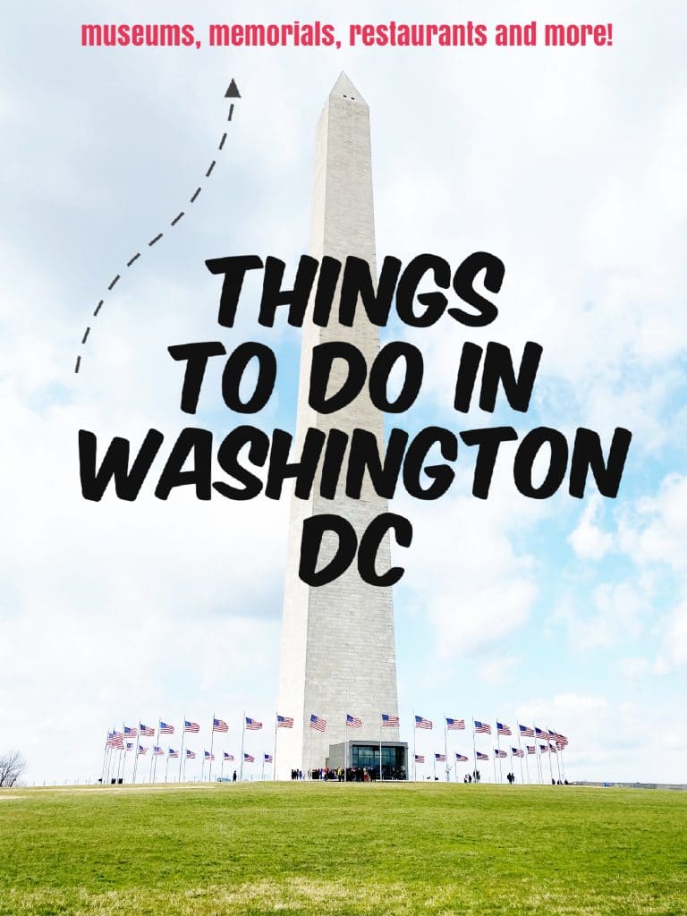 Tall pillar of stone with grass and circle of flags at base; monument in Washington DC, blue cloudy sky background and text overlay
