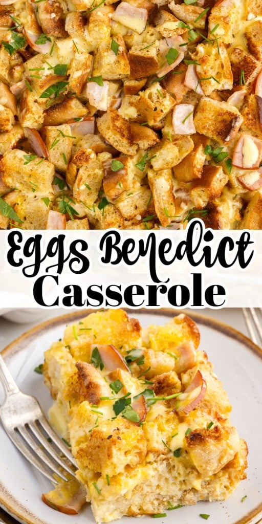 Close up of Eggs Benedict Casserole in a 9x13 and a slice of it on a small plate with a fork on the side