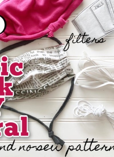 variety of fabric face masks, bias tape, elastic, P2.5 filters, cutting mat, and rotary blade used as fabric mask supplies with text overlay