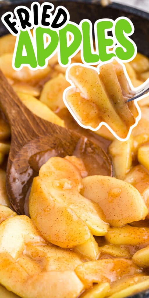 Fried apples in a skillet and a forkful lifting some of them, with text title overlay.