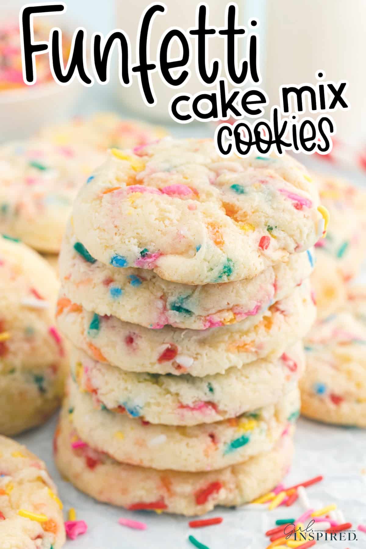 Confetti Cake Mix Cookies stacked on each other with text overlay, "Funfetti cake mix cookies."