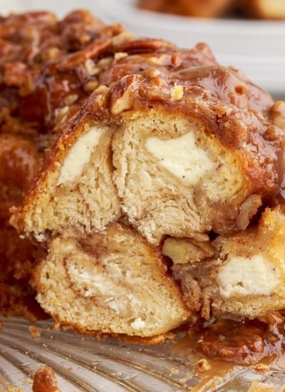 side view of the sliced gorilla bread - cream cheese middles of the dough are visible