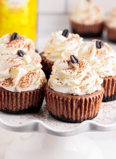 5 Mini Kahlua cheesecakes on a white scalloped serving tray.