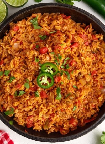 Pan of cooked Mexican Red Rice ready to serve and eat.