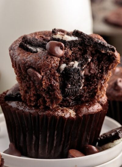 Oreo Muffins stacked on each other.