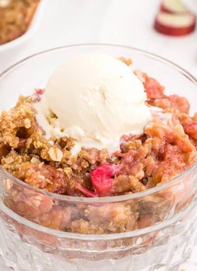 Close up of a small dish of Rhubarb Crisp with Oatmeal Streusel topped with ice cream.