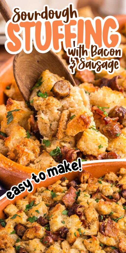 Stirring sourdough stuffing with sausage with a wooden spoon.