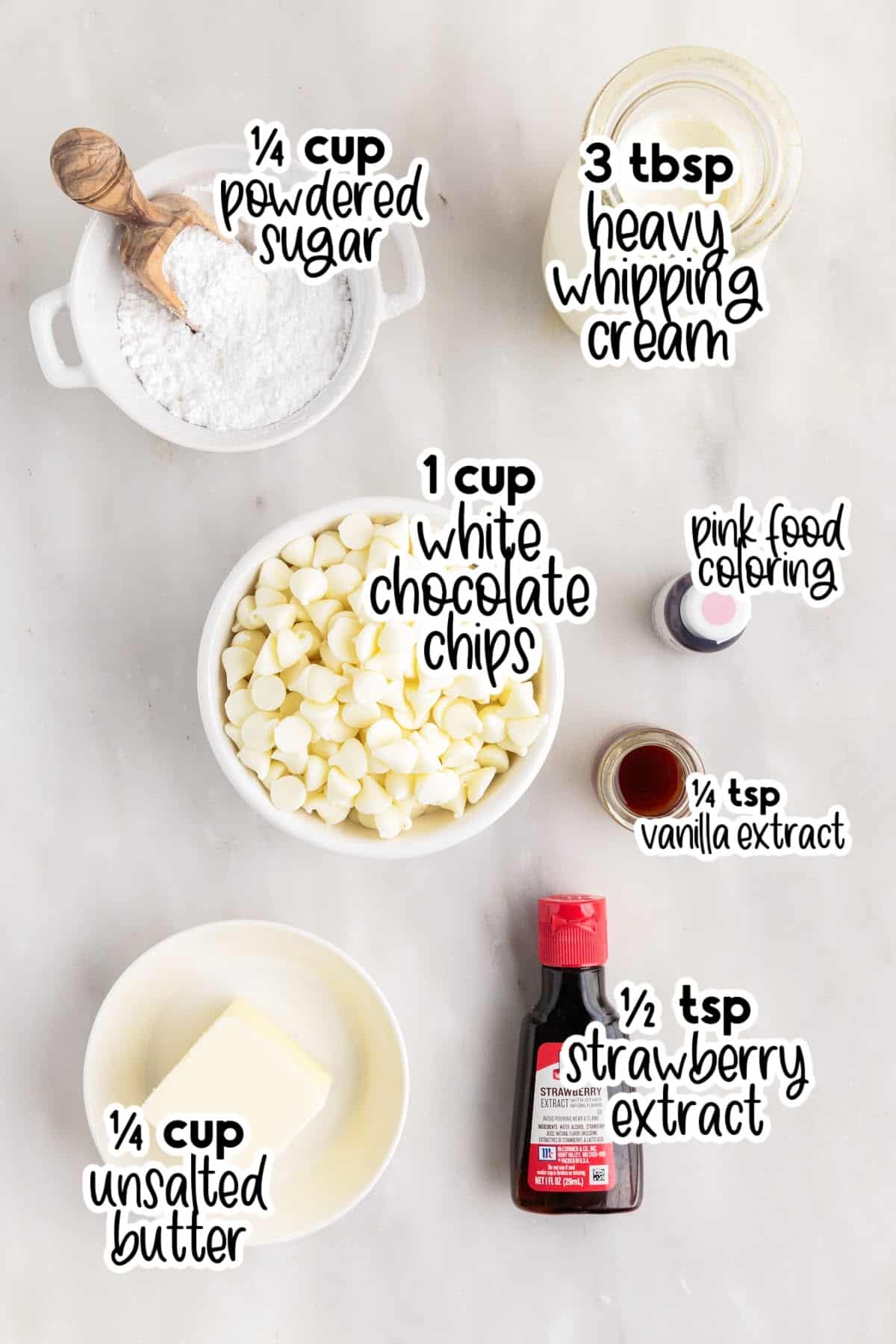 Bowls and containers of all ingredients for strawberry truffles.