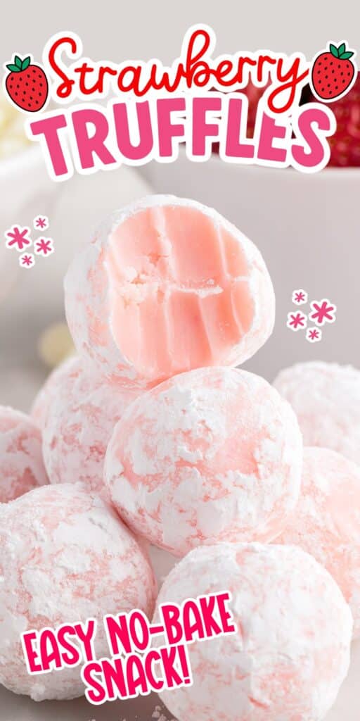 A stack of Strawberry Truffles with one on top with a bite out of it.